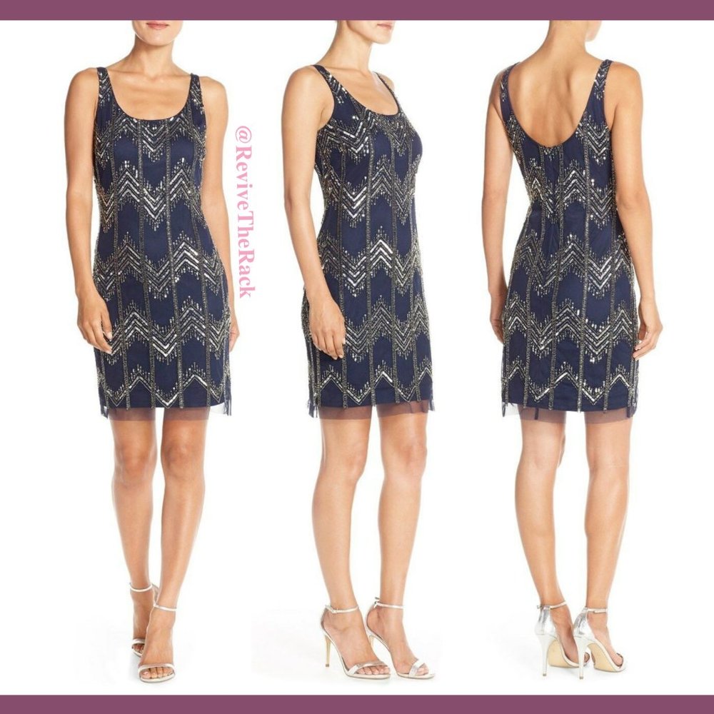 NEW Adrianna Papell Chevron Beaded‎ Mesh Tank Dress in Navy [SZ 0 ]
